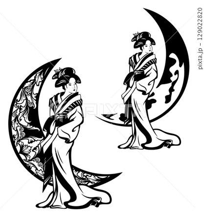 geisha woman and moon crescent  black and white vector design 129022820