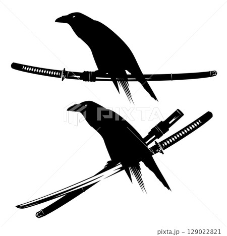 samurai katana sword and scabbard vector design with sitting black raven bird 129022821