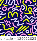 Abstract 80s or 90s hand drawn seamless pattern. memphis style hand drawn illustration. Bright trendy color palette. Circles, squares, lines, spiral. Navy, green lime, pink, lillac. 129022823