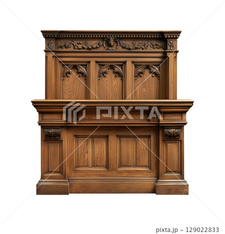 Ornate Wooden Fireplace Mantel With Intricate Carvings. Classic Interior Design Element Isolated On Transparent Background 129022833