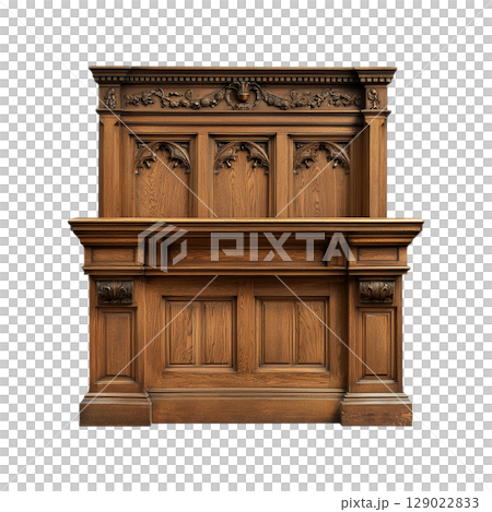 Ornate Wooden Fireplace Mantel With Intricate Carvings. Classic Interior Design Element Isolated On Transparent Background 129022833
