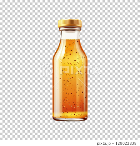 Glass Bottle With Amber Liquid And Bubbles. Beverage Or Sauce Container Isolated On Transparent Background 129022839
