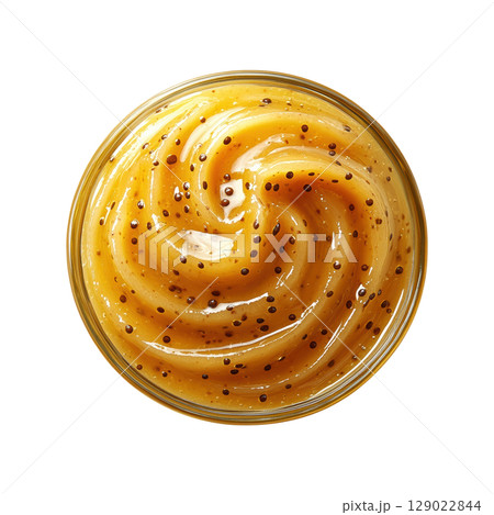 Swirled Mustard Sauce In Glass Jar. Gourmet Condiment For Culinary Delights Isolated On Transparent Background 129022844