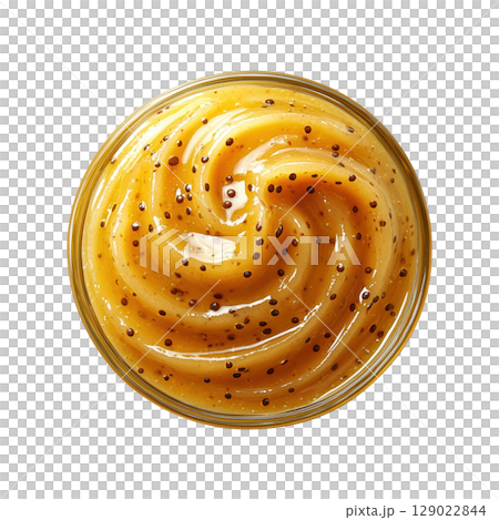 Swirled Mustard Sauce In Glass Jar. Gourmet Condiment For Culinary Delights Isolated On Transparent Background 129022844