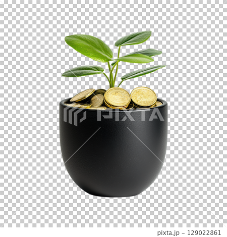 Plant Growing From Coins In Black Pot. Symbol Of Financial Growth And Investment Potential Isolated On Transparent Background Plant Growing From Coins In Black Pot. Symbol Of Financial Growth And Investment Potential Isolated On Transparent Background 129022861