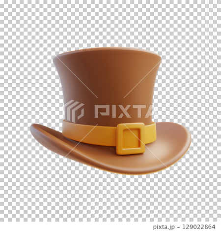 Brown Top Hat With Yellow Band And Buckle. Classic Fashion Accessory Isolated On Transparent Background 129022864