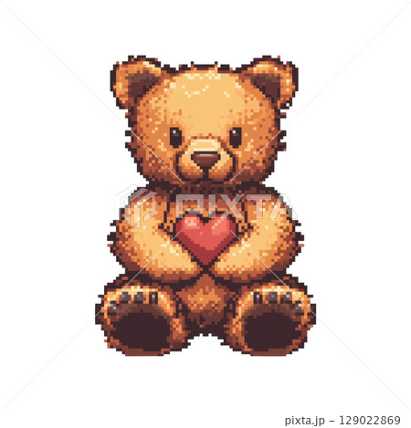 Pixel Art Teddy Bear Holding Heart. Symbol Of Love And Affection In Retro Style Isolated On Transparent Background Pixel Art Teddy Bear Holding Heart. Symbol Of Love And Affection In Retro Style Isolated On Transparent Background 129022869
