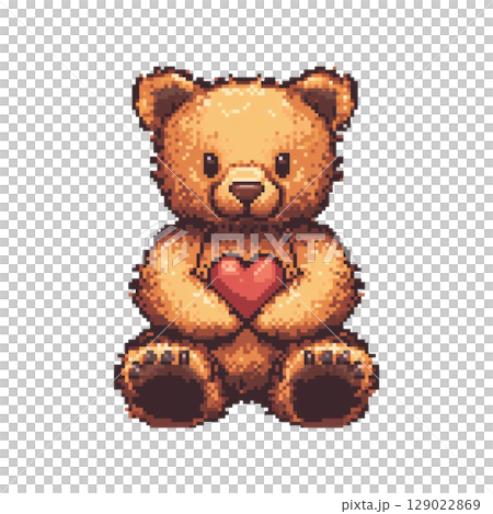 Pixel Art Teddy Bear Holding Heart. Symbol Of Love And Affection In Retro Style Isolated On Transparent Background Pixel Art Teddy Bear Holding Heart. Symbol Of Love And Affection In Retro Style Isolated On Transparent Background 129022869