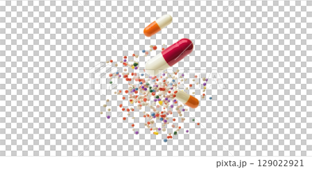 Colorful Capsules And Granules. Pharmaceutical Innovation And Drug Delivery Isolated On Transparent Background Colorful Capsules And Granules. Pharmaceutical Innovation And Drug Delivery Isolated On Transparent Background 129022921