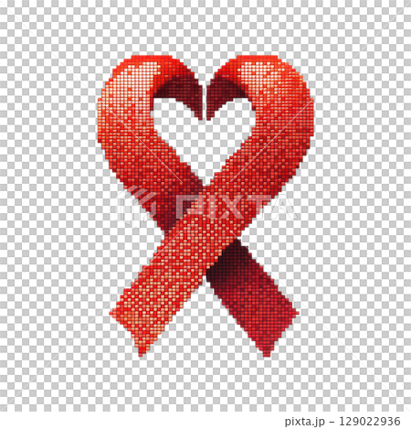 Red Ribbon Heart Shape In Pixel Art Style. Symbol Of Awareness And Support For Health Causes Isolated On Transparent Background 129022936