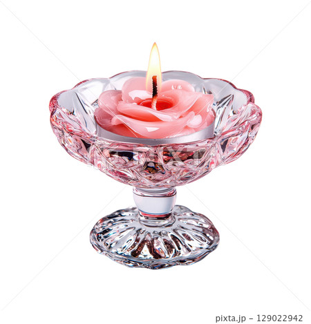 Elegant Rose-Shaped Candle In Crystal Holder. Romantic Ambiance And Decorative Lighting Isolated On Transparent Background 129022942
