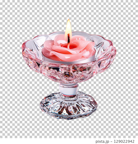 Elegant Rose-Shaped Candle In Crystal Holder. Romantic Ambiance And Decorative Lighting Isolated On Transparent Background 129022942