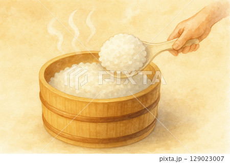 湯気立つ新米とおひつ 湯気立つ新米とおひつ 129023007