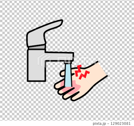 Illustration of cooling burned hands with running water Illustration of cooling burned hands with running water 129023081