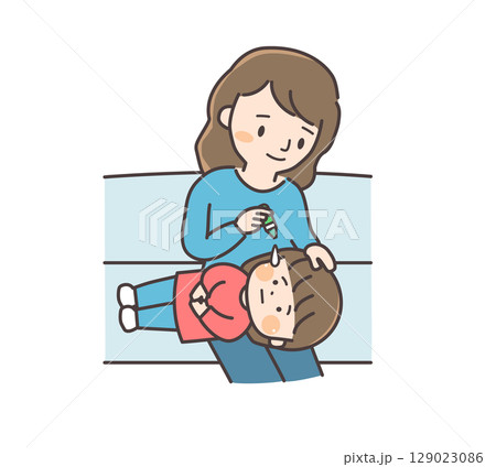 母親が子供に目薬をさすイラスト 129023086