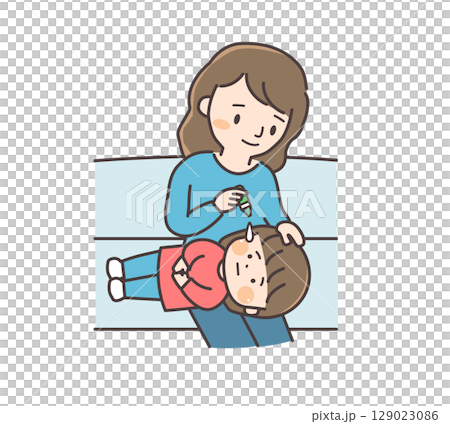 母親が子供に目薬をさすイラスト 129023086