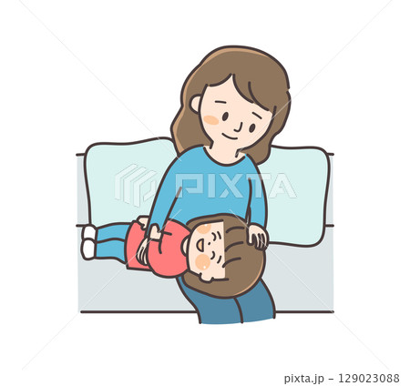 ソファーで膝枕をした子供の話を聞く母親のイラスト ソファーで膝枕をした子供の話を聞く母親のイラスト 129023088