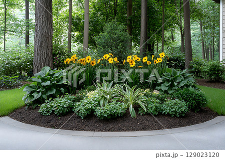 Elegant Garden Landscape with Yellow Flowers Surrounded by Lush Green Foliage in Forest Setting 129023120