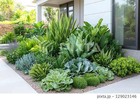 Lush Green Succulent Garden Design with Different Plant Varieties in Modern Landscape 129023146