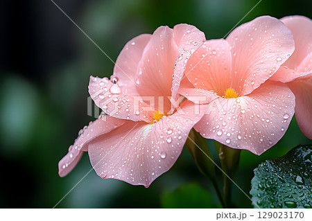 Delicate Pink Flowers with Water Droplets on Petals Against a Lush Green Background 129023170