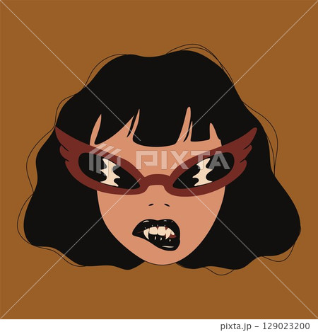 Edgy Cartoon Girl with Vampire Teeth and Sunglasses 129023200
