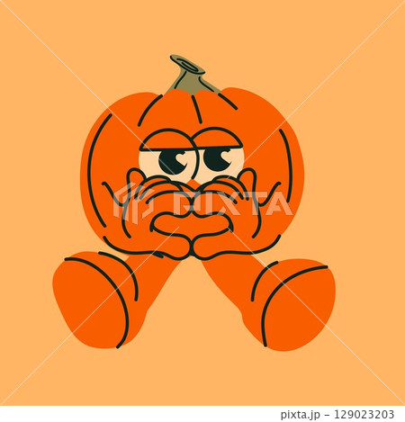 Funny Pumpkin Mascot Sitting with Heart Hands 129023203