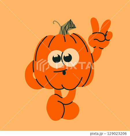 Cute Cartoon Pumpkin Character Showing Peace Sign 129023206