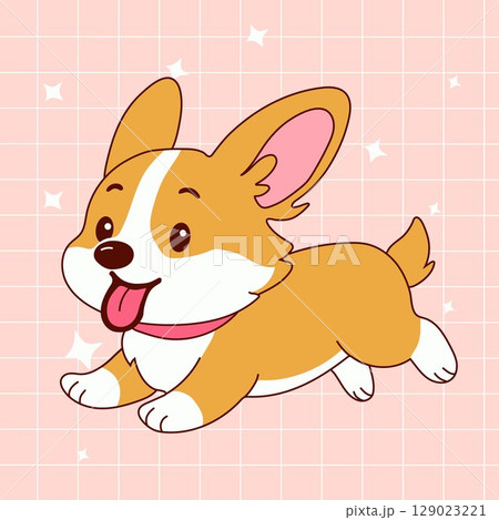 Cute Cartoon Corgi Puppy Running with Tongue Out 129023221