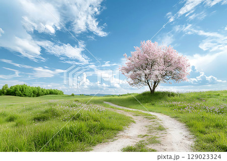 Majestic Pink Cherry Blossom Tree on a Serene Green Meadow Under a Clear Blue Sky 129023324