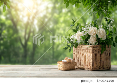 Elegant White Roses in a Wicker Basket Surrounded by Lush Green Nature Background 129023356