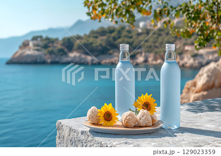 Refreshing Bottled Water and Sunflowers by the Scenic Coastal Shoreline Refreshing Bottled Water and Sunflowers by the Scenic Coastal Shoreline 129023359