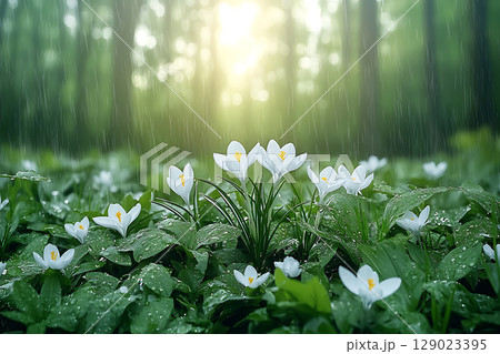 White Flowers in Rainy Forest with Soft Light and Green Background, Nature Beauty Scene 129023395