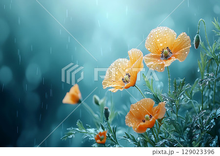 Beautiful Orange Poppy Flowers with Dew Drops in a Rainy Blue Background 129023396