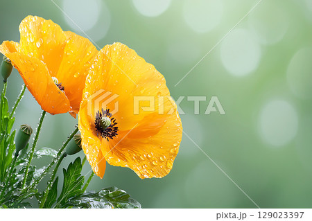 Vibrant Yellow Poppy Flowers with Raindrops Against Soft Green Background 129023397