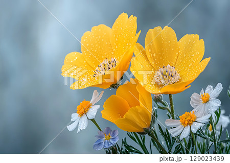 Bright Yellow Flowers with Dew Drops against Soft Gray Background in Nature Setting 129023439