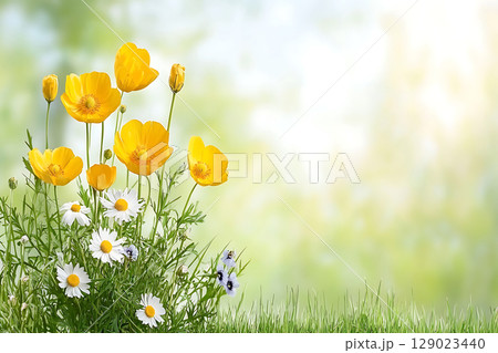 Bright Yellow Flowers and White Daisies in Green Grass Under Soft Light Natural Background 129023440