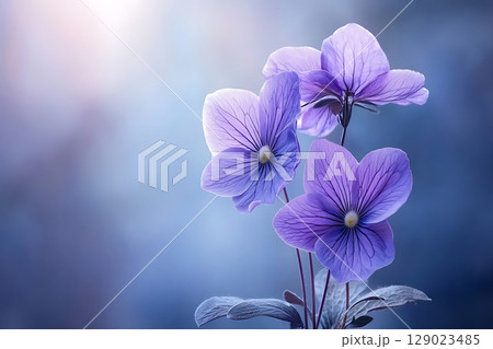 Delicate Purple Viola Flowers Against a Soft Blue Background in Gentle Natural Light 129023485
