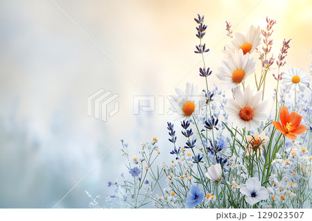 Bright Spring Garden with Colorful Flowers in Soft Natural Light and Blur Background 129023507