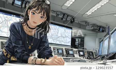 地下鉄の指令室で働く女性職員のイラスト素材｜運行管理・交通システム・安全管理の現場 129023557