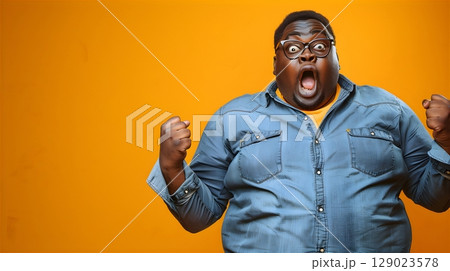 一人で驚きと衝撃を表現する大柄な男性十五Generative AI 129023578