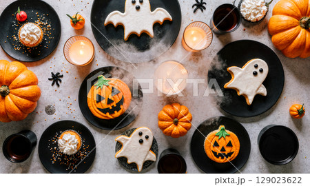 Festive Halloween-themed food table with decorated cookies shaped like ghosts, bats, and pumpkins 129023622