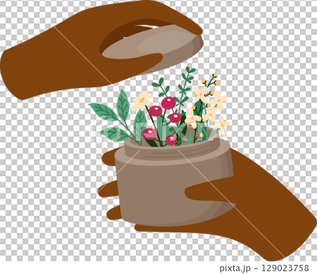 Diverse Hands Open Jar with Flowers Inside. Eco Friendly and Vegan Cosmetics Illustration. Clean Beauty, Sustainable Skincare Concept 129023758