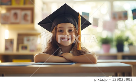happy preschool graduate girl in cap happy preschool graduate girl in cap 129023992