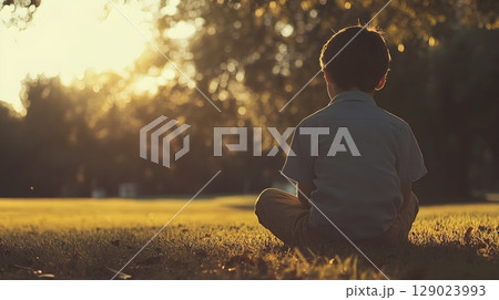 boy sitting in grass at sunset 129023993