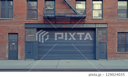 brick building with roll-up door and fire escape 129024035