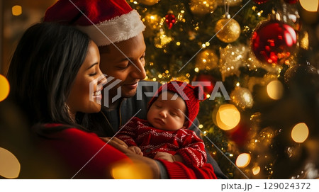 family christmas portrait with newborn baby 129024372