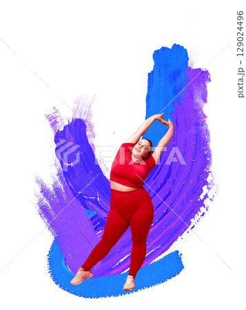 Collage of full-body woman in red activewear stretching with joyful emotion on vibrant purple brushstroke background Collage of full-body woman in red activewear stretching with joyful emotion on vibrant purple brushstroke background 129024496