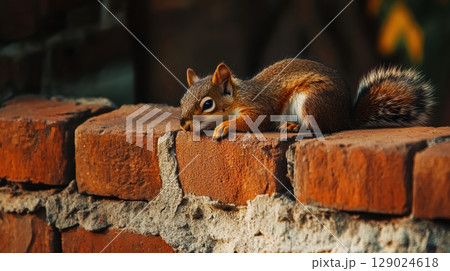 squirrel resting on brick wall 129024618