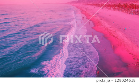 pink beach sunset aerial view pink beach sunset aerial view 129024619