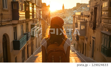 woman traveler exploring sunset city streets woman traveler exploring sunset city streets 129024633